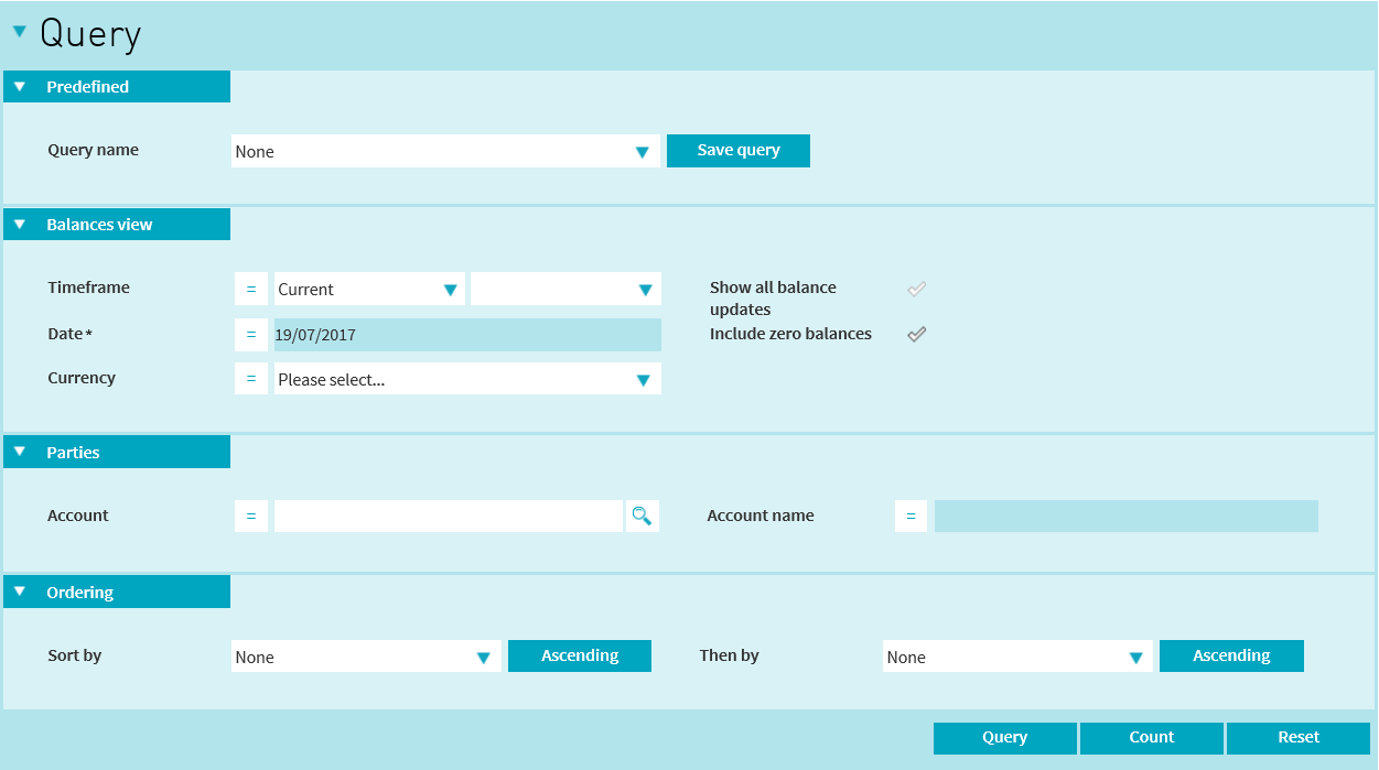 Cash Balances Query Screen Layout picture