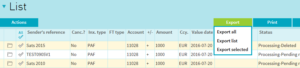 Cash Instruction Export Menu picture